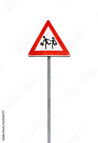 Caution children, warning road sign isolated on white