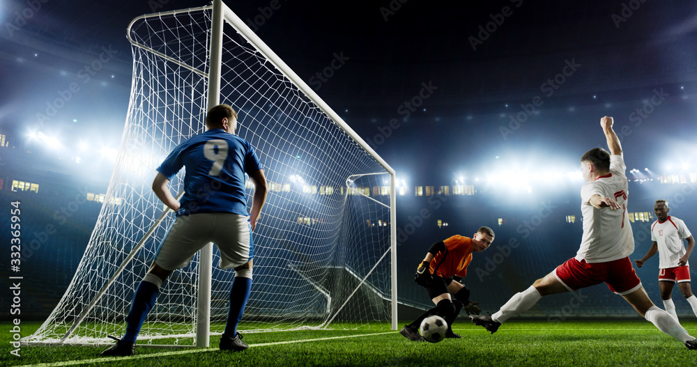 Tense game moment in front of the goal on the empty professional soccer stadium. No spectators on tribunes. Stadium is made in 3d.