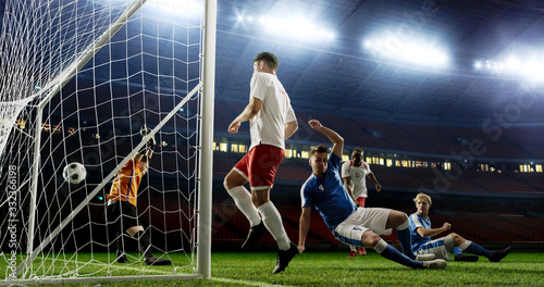 Tense game moment in front of the goal on the empty professional soccer stadium. No spectators on tribunes. Stadium is made in 3d.