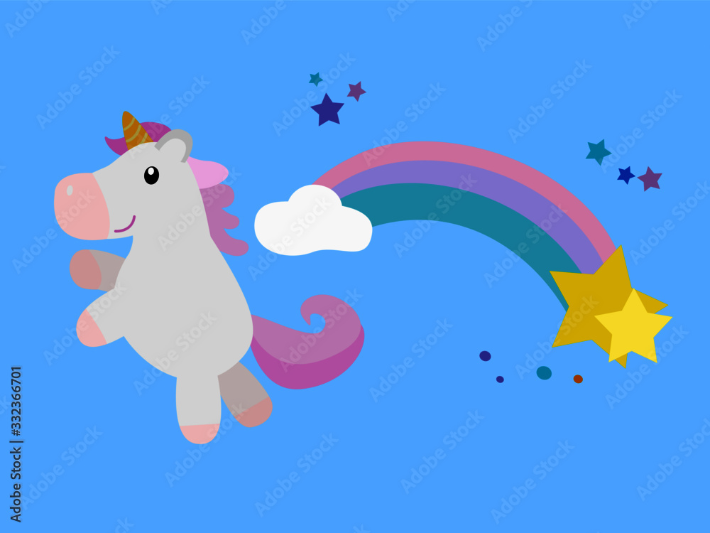 Cute Unicorn with rainbow and stars