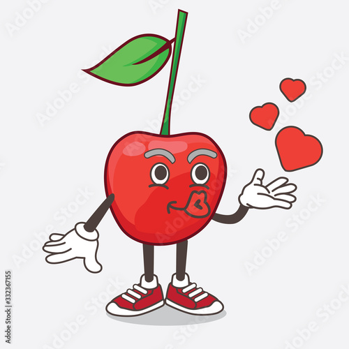 Bing Cherry cartoon mascot character teasing with heart kiss