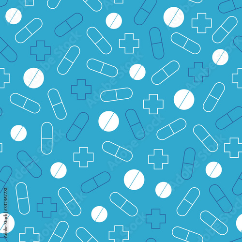 Seamless pattern of pills. Blue medical background.