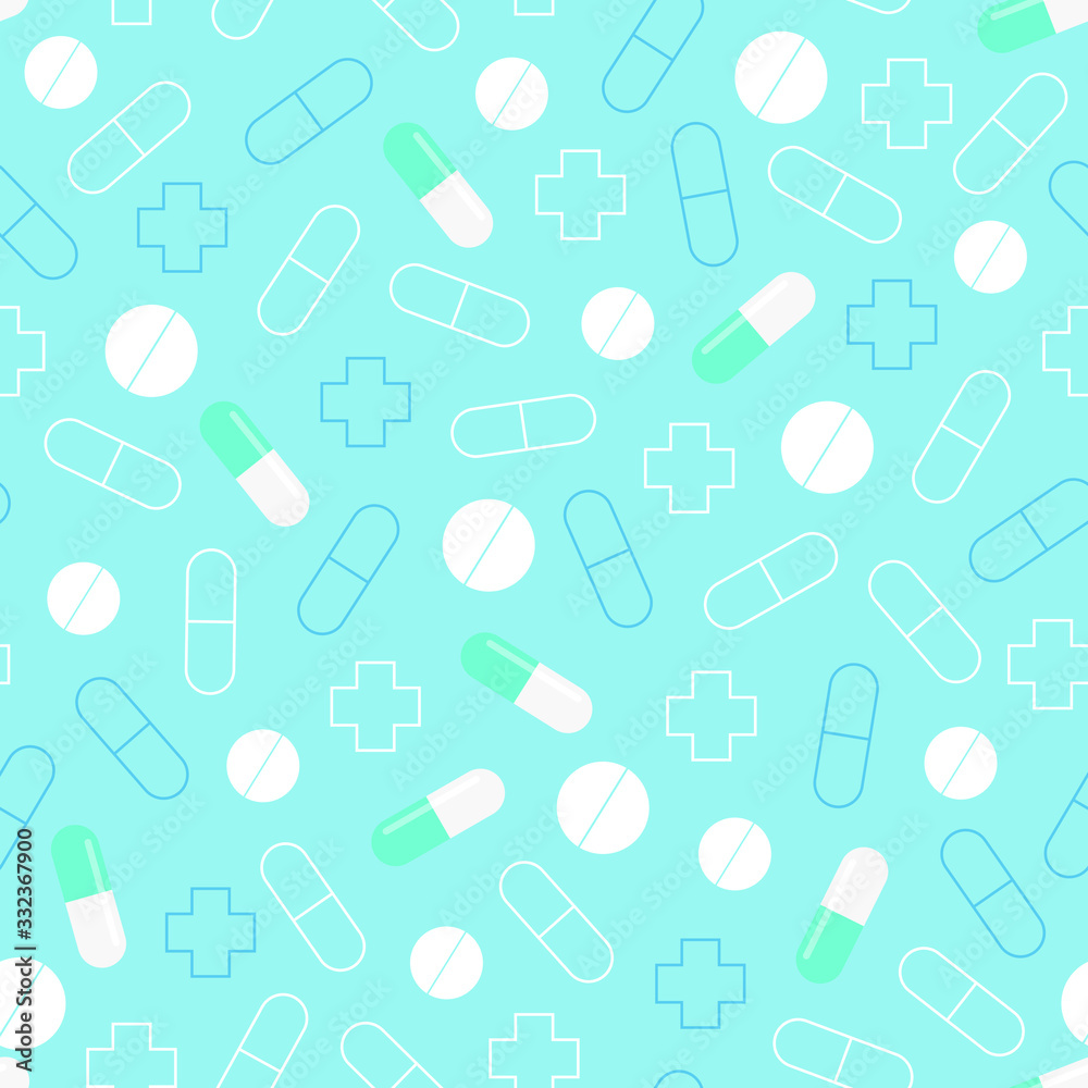Seamless pattern of pills. Blue medical background. Seamless pattern of pills. Blue medical background.