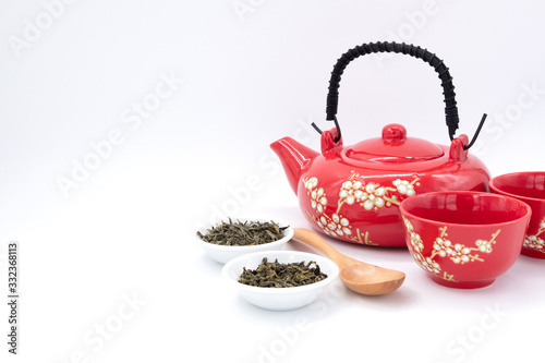 cup with tea and teapot on white  background, Tea concept, over light