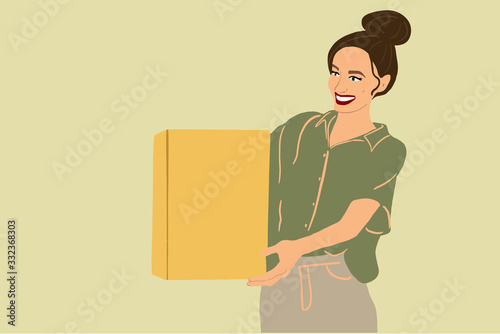Young woman with parcel on the green background. Concept of delivery and online shopping. Colorful vector illustration in flat cartoon style