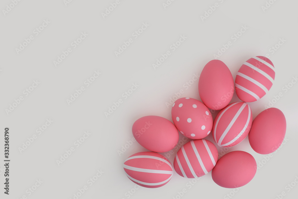 Set of Easter pink decorated eggs on white background. Striped eggs. Easter eggs with place for text. Flat lay, copy space. Happy Easter card.