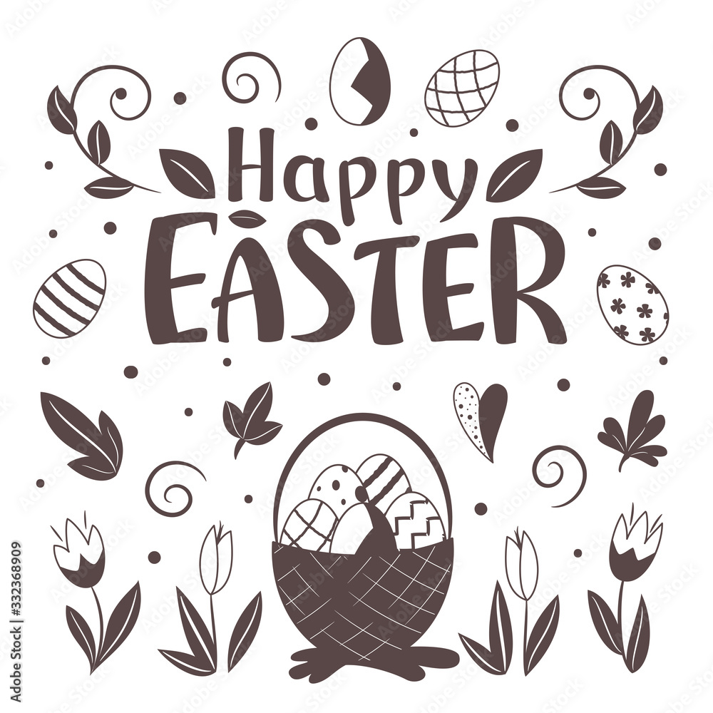 Happy Easter. Greeting card template with decorated eggs, flowers and basket. Vector isolated Illustration. Season greeting with spring flowers. For postcard, card, invitation, poster, banner. Happy Easter. Greeting card template with decorated eggs, flowers and basket. Vector isolated Illustration. Season greeting with spring flowers. For postcard, card, invitation, poster, banner.