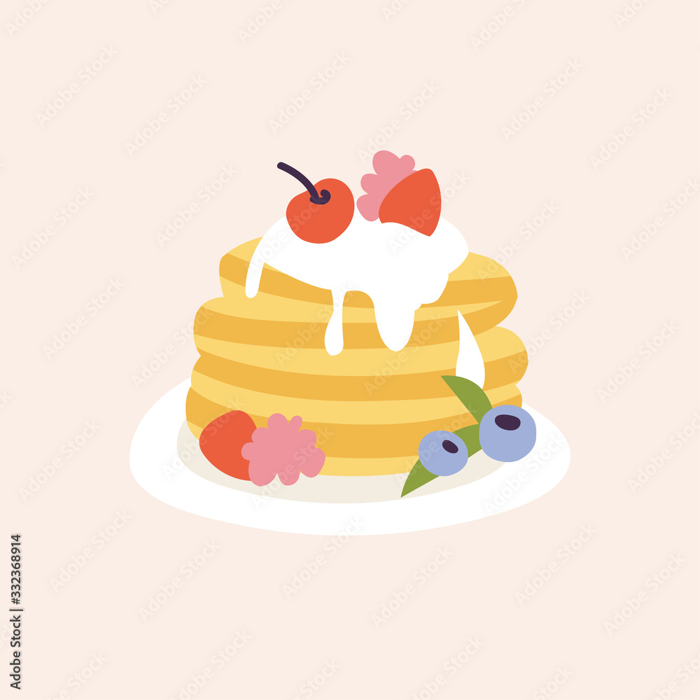 Vector Illustration of pancakes with cream and different fruits. Delicious bakery breakfast.
