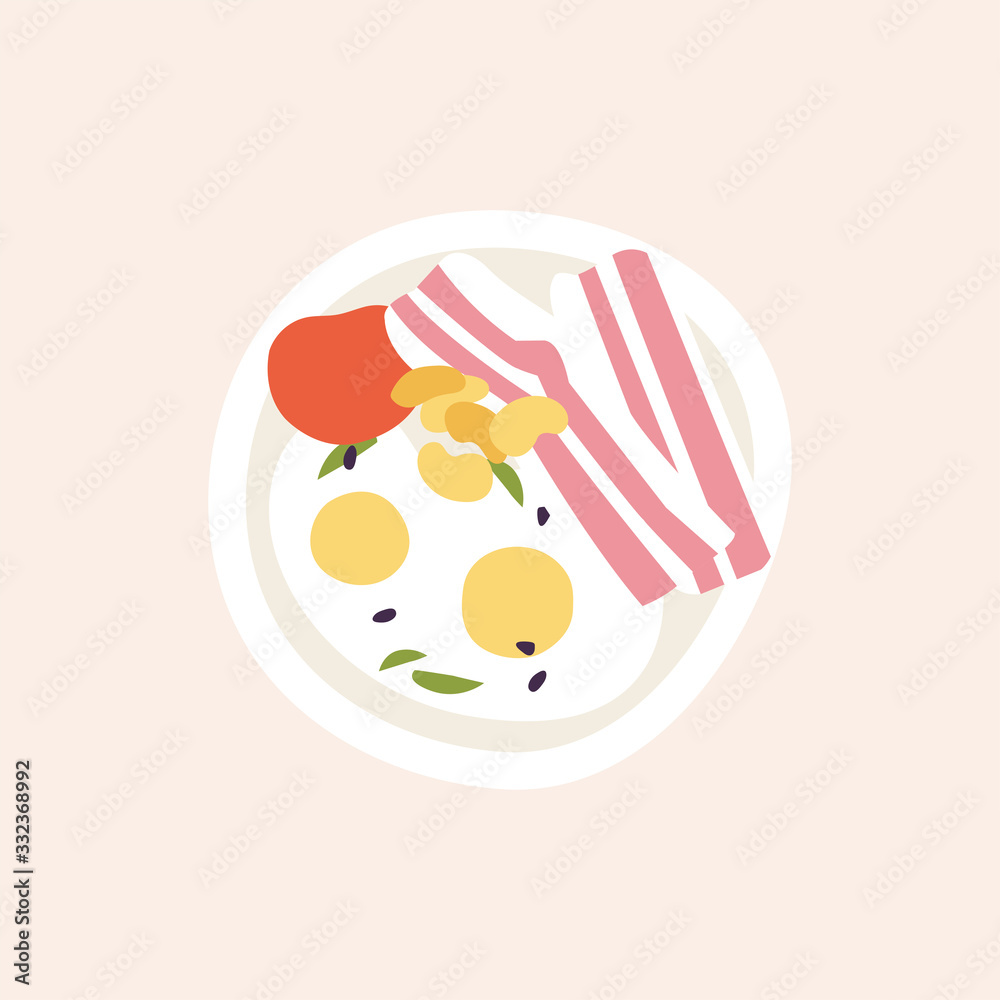 Vector illustration of traditional breakfast - bacon with eggs, tomato and beans. Vector illustration of traditional breakfast - bacon with eggs, tomato and beans.