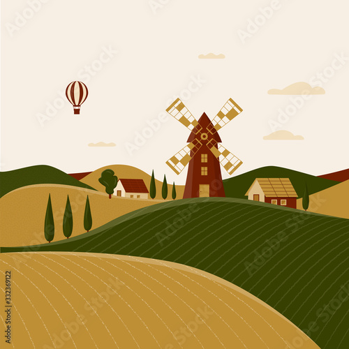 Rural landscape with windmill and farmhouses. Vector illustration of the Italian countryside. Spring scenery in Tuscany with fields, hills and cypresses. Balloon in the sky. Poster in flat design