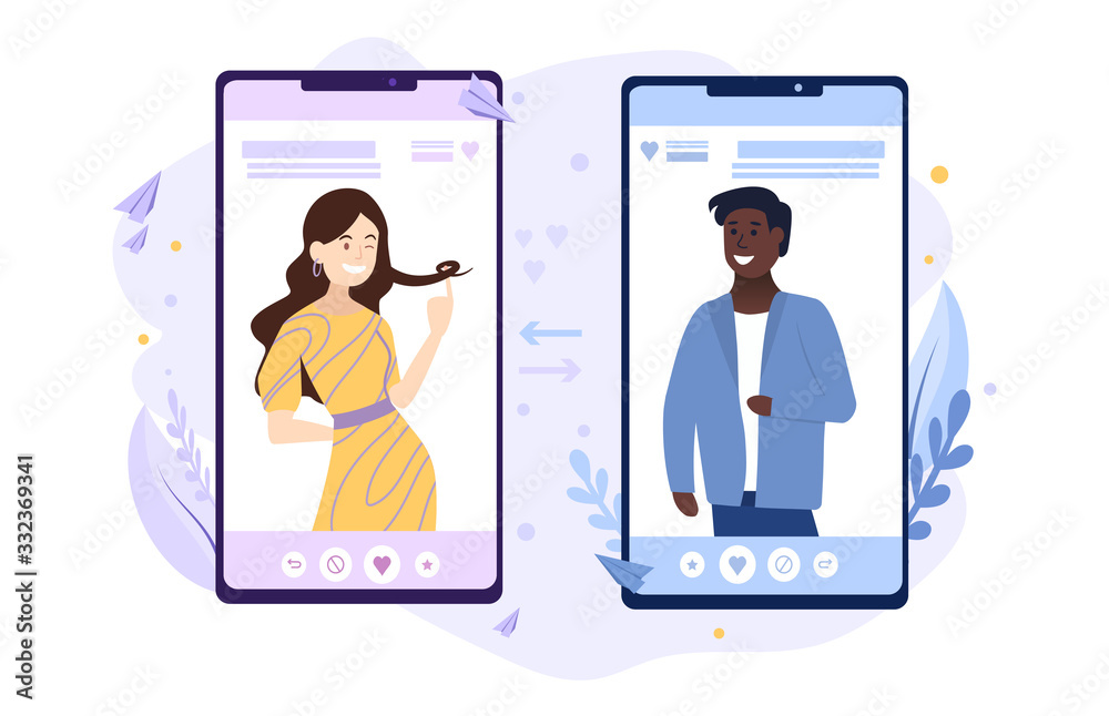 Dating app showing a young black man and caucasian woman on mobile phones in pink and blu eplaced side by side, vector illustration Dating app showing a young black man and caucasian woman on mobile phones in pink and blu eplaced side by side, vector illustration