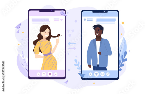Dating app showing a young black man and caucasian woman on mobile phones in pink and blu eplaced side by side, vector illustration