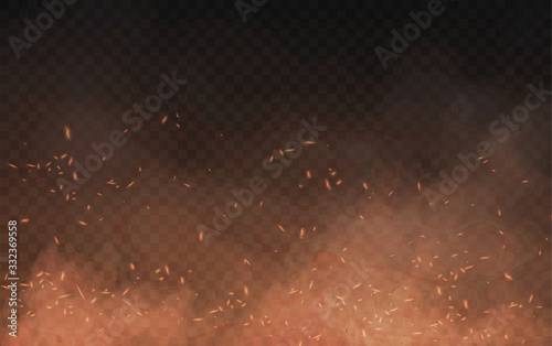 Abstract brown background of clouds of smoke and sparks or embers from a burning fire with copy space, vector illustration