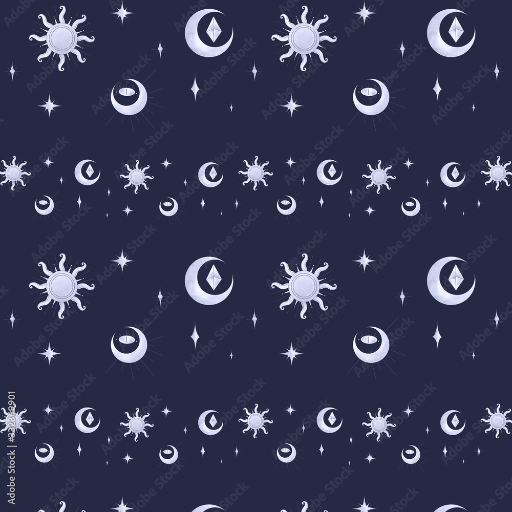 Mystical occult art deco moon and sun watercolor digital watercolor texture seamless pattern on a blue background. Print for fabrics, banners, cards, wrapping paper, tattoo, stationery. Mystical occult art deco moon and sun watercolor digital watercolor texture seamless pattern on a blue background. Print for fabrics, banners, cards, wrapping paper, tattoo, stationery.