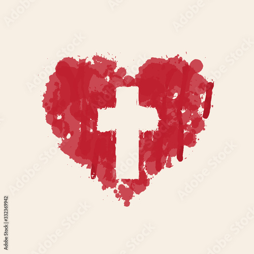 The sign of the religious cross in the abstract red heart inside. Love of God, Catholic and Christian symbol. Creative vector illustration.