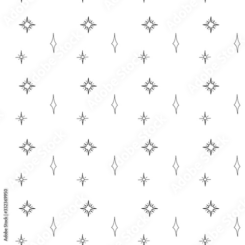 Mystical occult art deco star digital doodle outline seamless pattern on white background. Print for fabrics  banners  cards  wrapping paper  stationery.
