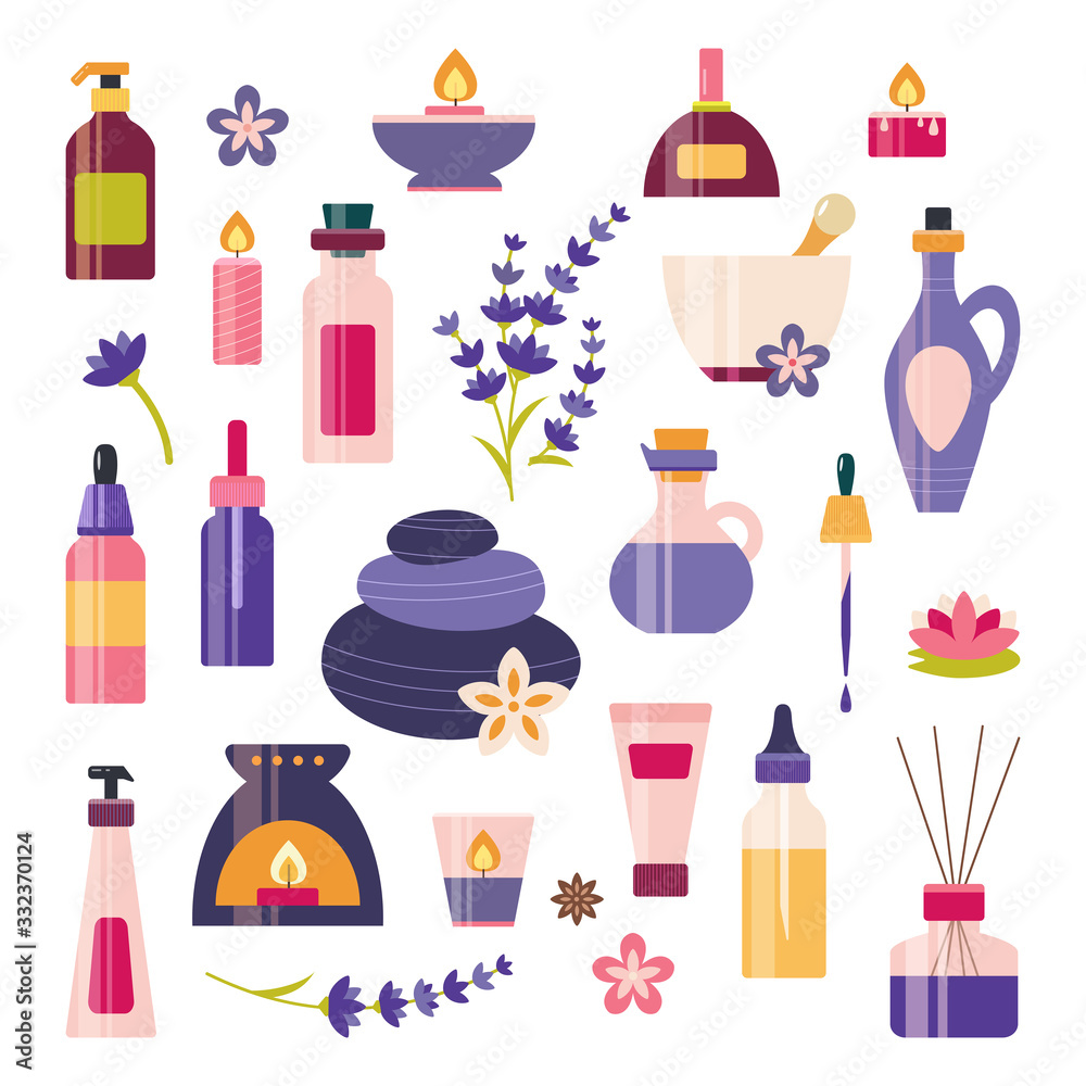 Lavender essential oil aromatherapy spa vector set Lavender essential oil aromatherapy spa vector set