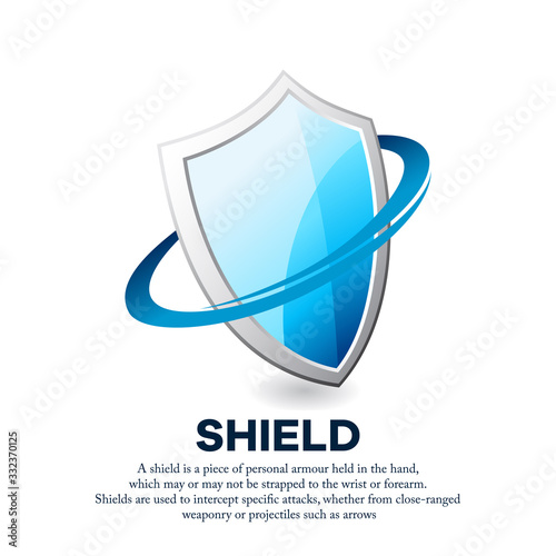 Vector illustration of a shiny iron shield surrounded by swoosh shapes. Suitable for protection, health and safety design. Blue protective shield graphic resources.