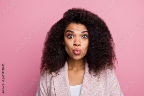Lovely afro american girl lawyer collar have corporate job valentine day party attract her boss send funny air kiss wear stylish trendy checkered suit blazer isolated pastel pink color background