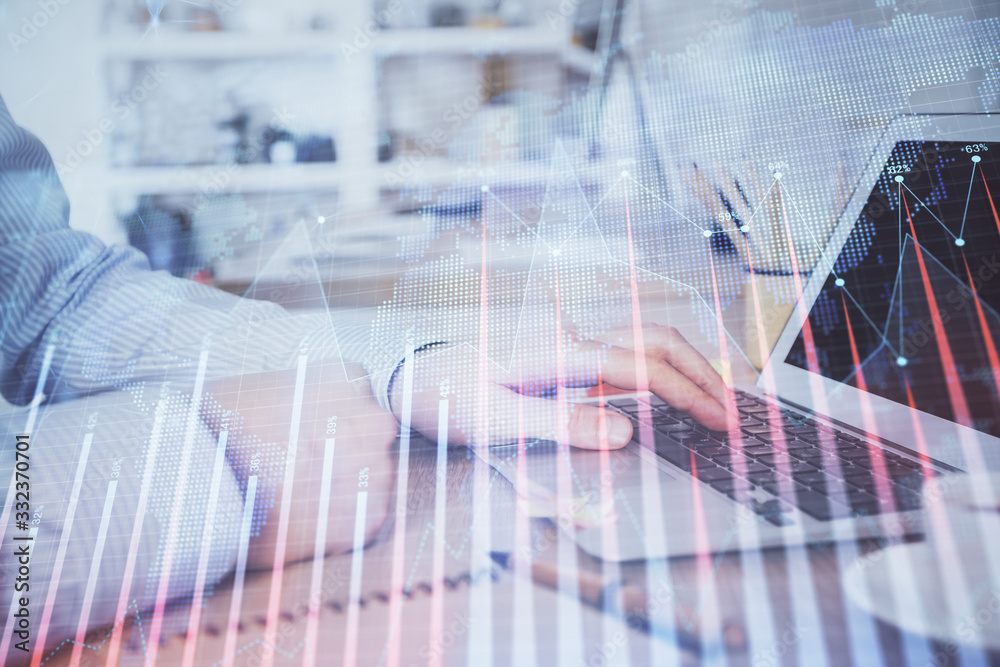 Multi exposure of stock market chart with man working on computer on background. Concept of financial analysis. Multi exposure of stock market chart with man working on computer on background. Concept of financial analysis.