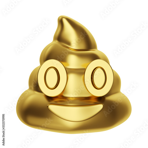 Gold happy poop emoji isolated on white background. Pin, patch, stamp, icon, sticker. Creative minimal design art. 3d illustration.