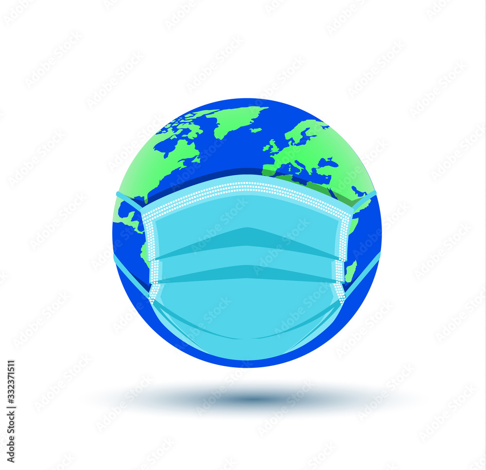 Vector illustration of medical respiratory mask protecting the world. Pollution protect globe