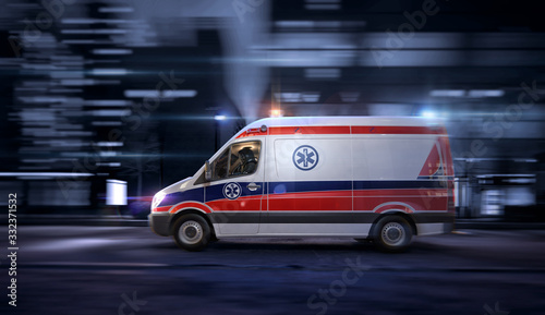 Ambulance car, 911 emergency medical service in the night city street, blurred motion shot. Coronavirus worldwide outbrake crisis, chinese covid-19 ncov corona virus pandemic 3D illustration design photo