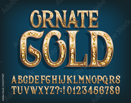 Ornate Gold alphabet font. Fancy golden letters and numbers. Stock vector typescript for your design.
