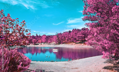 infrared landscape of Beletsi Lake near to Parnes mountain Greece photo