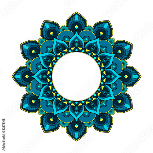Blue and turquoise round mandala isolated on white background. Vector illustration