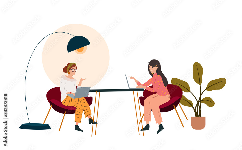 Women sitting and talking at street cafe vector flat illustration. People with laptops computers buying, ordering clothes, furniture in internet store. E shopping concept. Relax at outdoors cafeteria. Women sitting and talking at street cafe vector flat illustration. People with laptops computers buying, ordering clothes, furniture in internet store. E shopping concept. Relax at outdoors cafeteria.