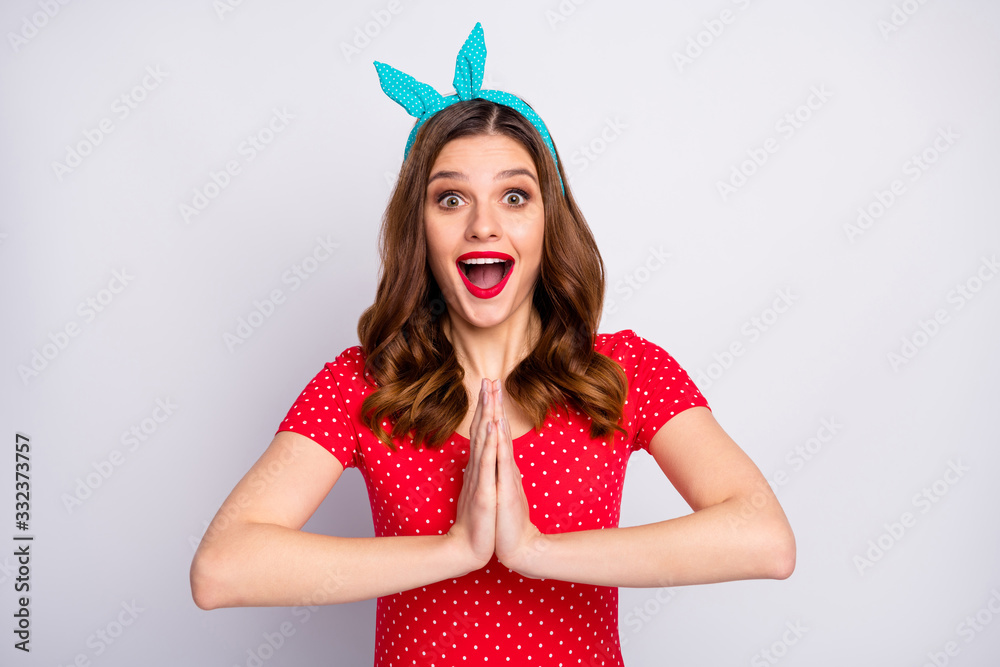 Portrait of astonished funky ginger hair girl put hands together get incredible gift present impressed scream wow omg wear good look clothing isolated over gray color background Portrait of astonished funky ginger hair girl put hands together get incredible gift present impressed scream wow omg wear good look clothing isolated over gray color background