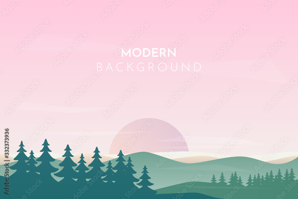 Landscape banner with forest and mountain, fog, trees.