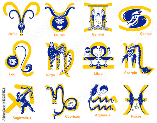 Collection of zodiac signs. Cute characters in the form of zodiac signs. Astrological symbols.