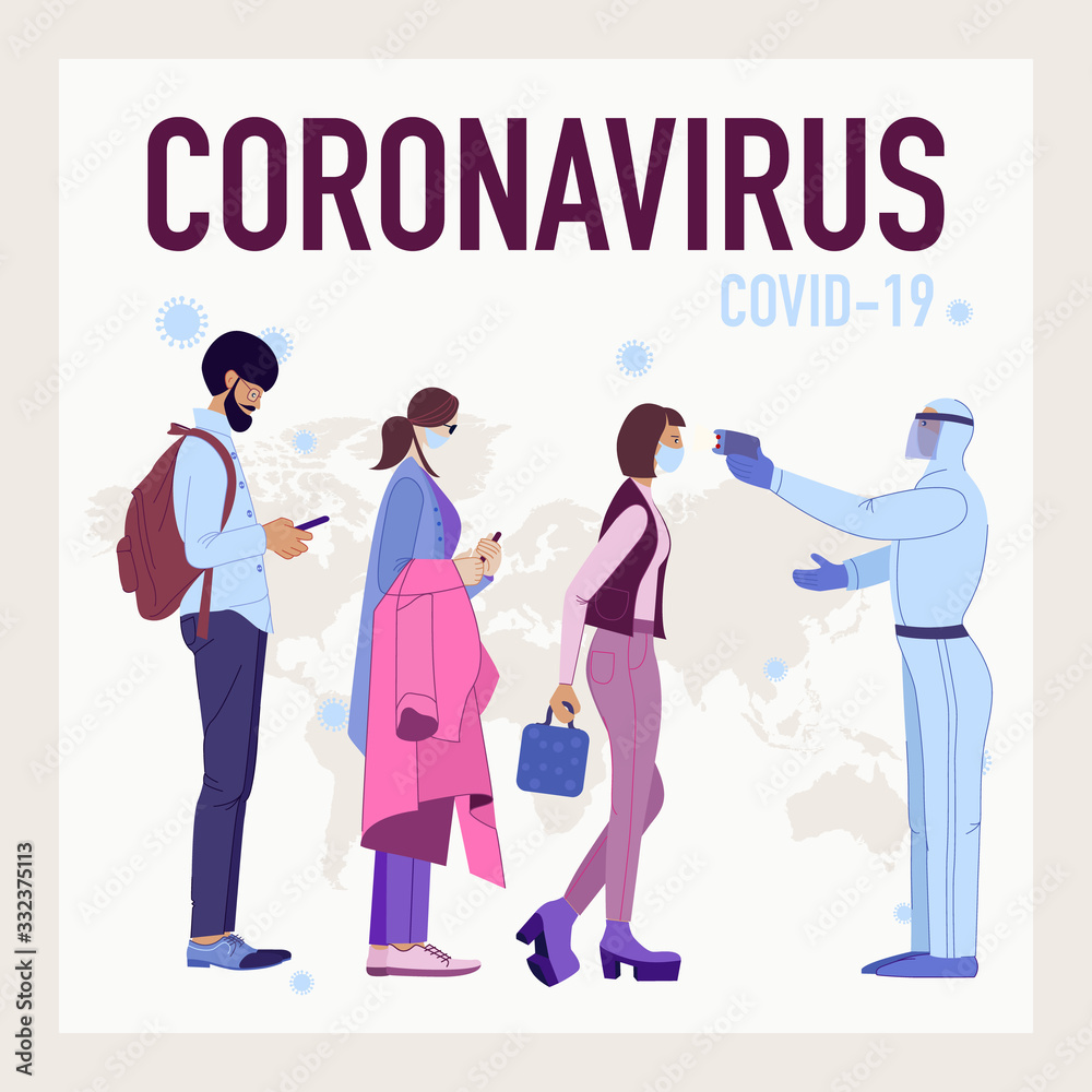 Illustration of Coronavirus COVID-19 outbreak concept. Multiracial people in medical face mask standing in queue. Passangers are measured temperature. Novel coronavirus (2019-nCoV).
