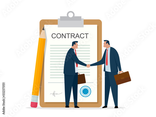 Two business partners shaking hands after agreement contract. Success business partnership. Vector illustration on white background.
