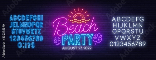 Beach party neon sign on brick wall background. Template for design with fonts.