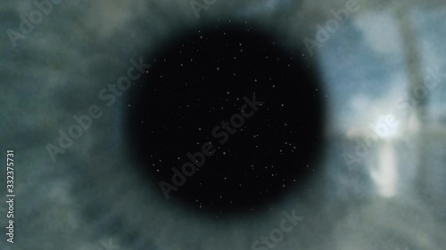 Vision Future Universe Zooming Into Iris Of A Human Eye Space Starry Sky Transportation Transition.