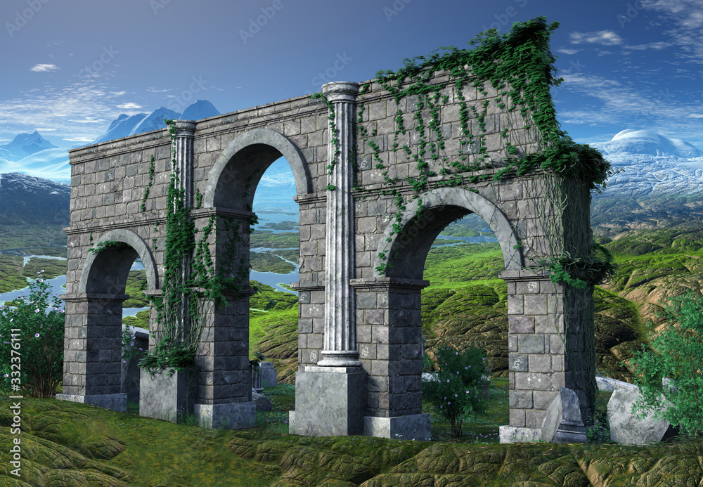 3D rendered Fantasy Landscape with Greek Temple Ruins - 3D Illustration 3D rendered Fantasy Landscape with Greek Temple Ruins - 3D Illustration