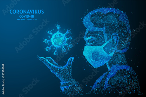 A man in a medical mask holds a virus in his hand. COVID-19 coronavirus concept, infectious pandemic, innovative medical technology. Low poly wireframe vector illustration.