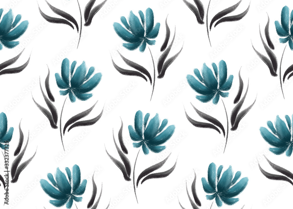 Blue floral gouache seamless pattern