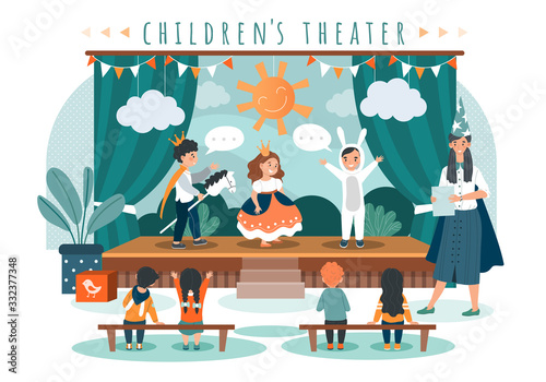 Children theater play, kids in costumes on stage, people vector illustration. Cute boy and girl performing in front of friends and schoolmates. Children theatrical performance, little princess