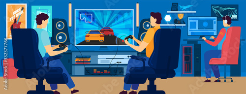 Men playing video games in modern gaming room, vector illustration. Cartoon characters, guys playing car race on computer screen. Gaming club, online entertainment hobby, people play car racing