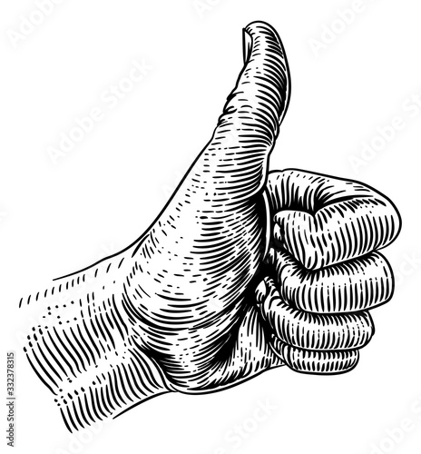 A hand giving a thumbs up sign in a vintage retro woodcut style