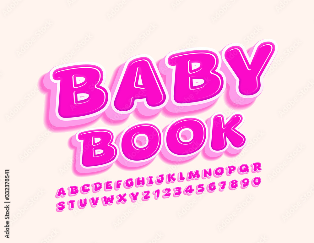 Vector bright sign Baby Book. Funny Pink Font. 3D creative Alphabet Letters and Numbers
