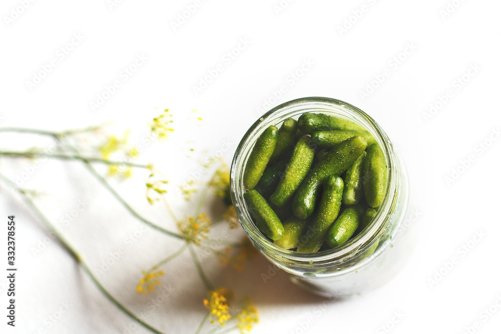 jar with pickled cucumbers on a white background. gherkins cucumbers. jar with pickled cucumbers on a white background. gherkins cucumbers.