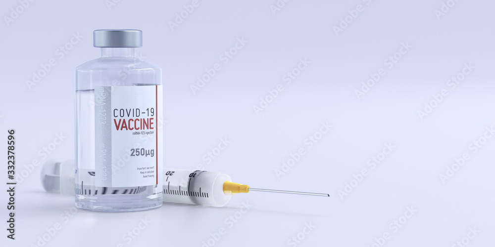 COVID-19 coronavirus vaccine development and clinical trial. Vial, injection syringe with drugs dose. RNA vaccine mRNA-1273 against coronavirus, SARS-CoV-2 virus disease. 3D pharmaceuticals background COVID-19 coronavirus vaccine development and clinical trial. Vial, injection syringe with drugs dose. RNA vaccine mRNA-1273 against coronavirus, SARS-CoV-2 virus disease. 3D pharmaceuticals background