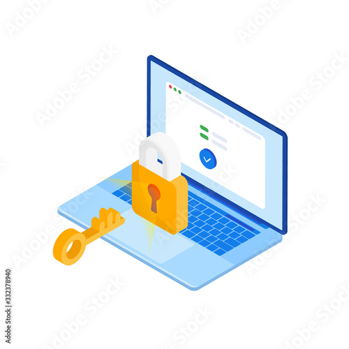 Protect your personal information from hacker attacks on your laptop. Personal data. Isometric laptop with closed padlock on a blue background