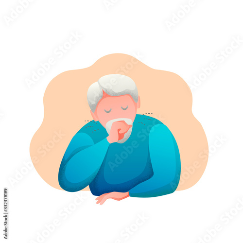 Medical banner flat design isolated. Signs of a virus infection are coughing and shortness of breath. Old man with beard is sick. Vector illustration.