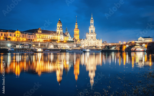 Dresden skyline with Elbe river at twilight, Germany